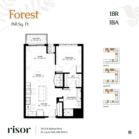 Floor plan for 1 bed, 1 bath, 768 sqft